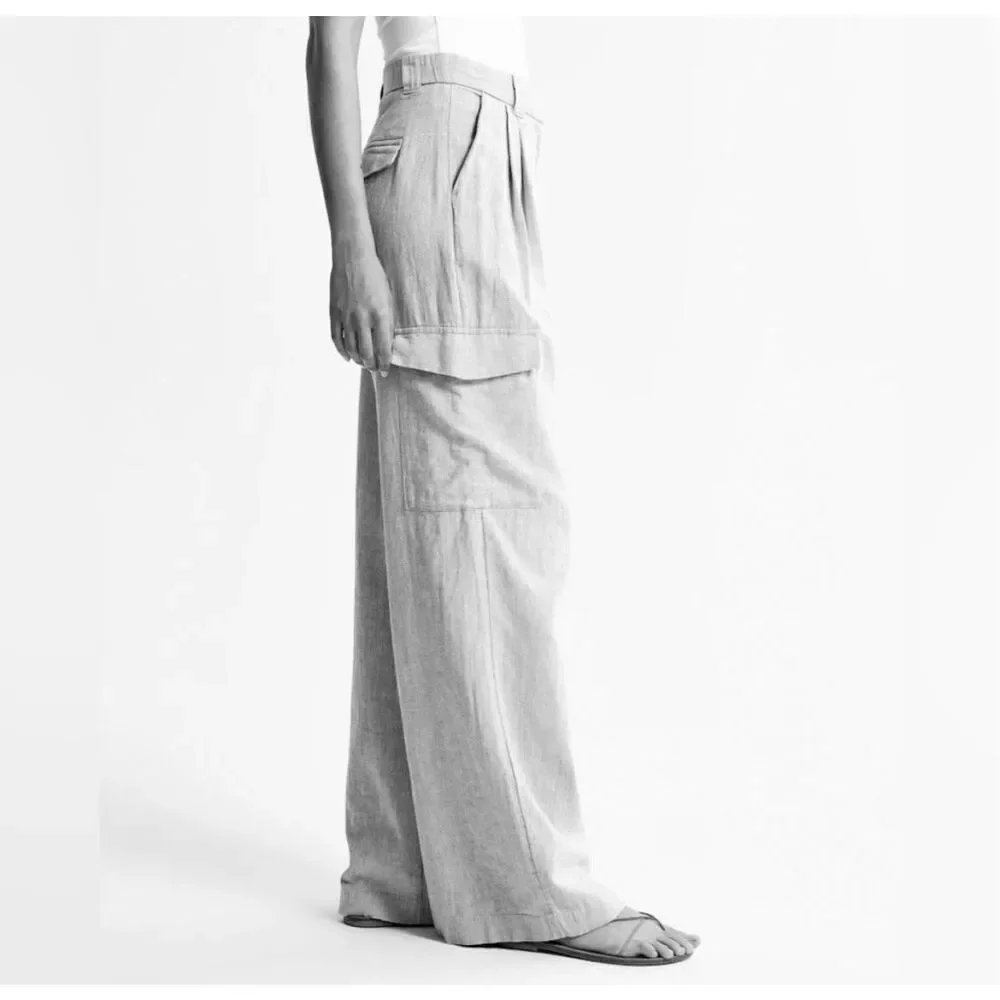 ✨Abercrombie & Fitch Linen-Blend Tailored Ultra Wide-Leg Cargo Sz S Green Pants✨ - Picture 4 of 9